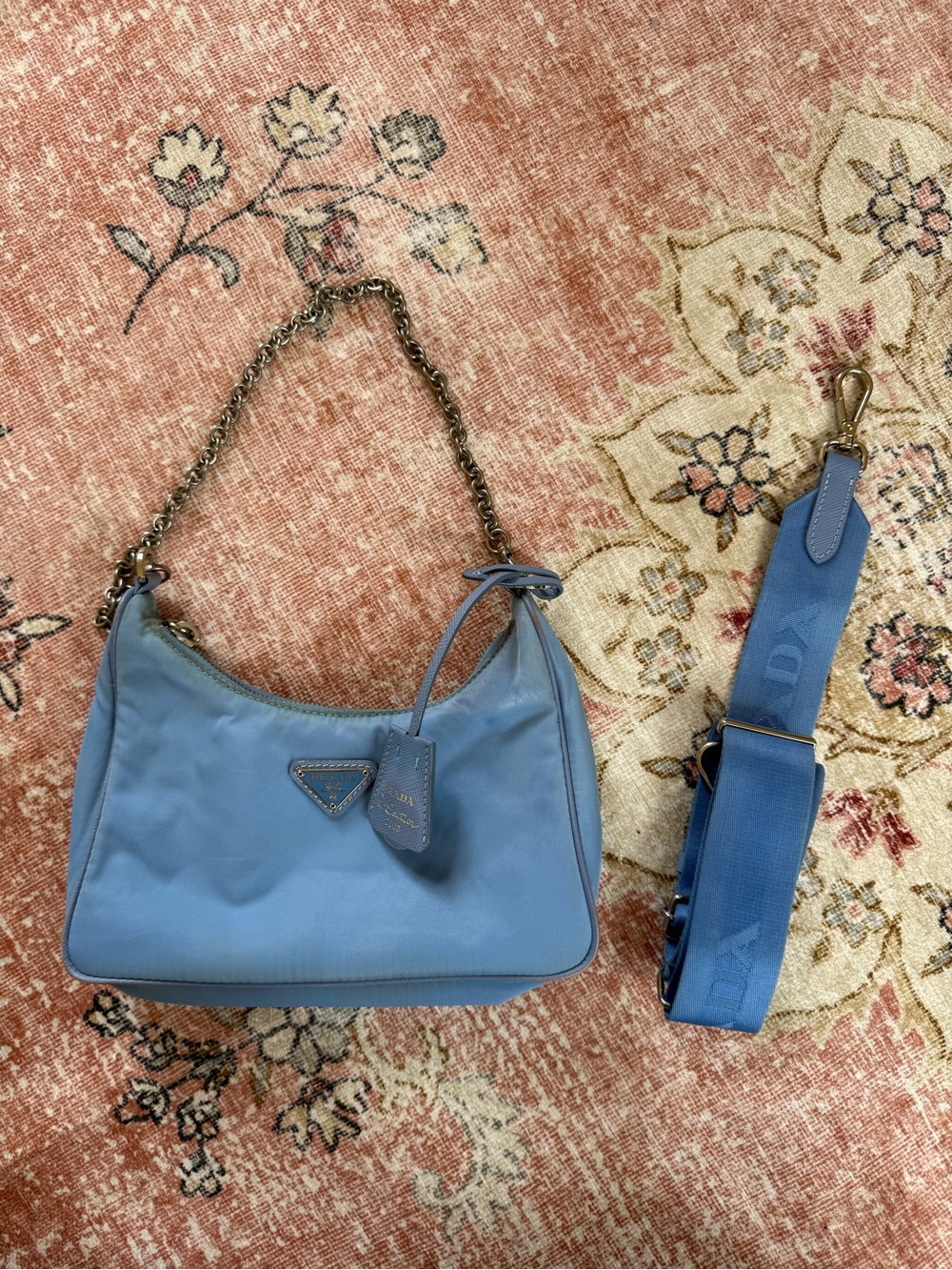 Light Blue Nylon Shoulder Bag with Chain Strap